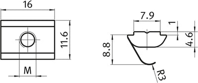 100x Nutenstein einschwenkbar mit Feder Nut 8 - Typ B - M8 mit Steg, Stahl