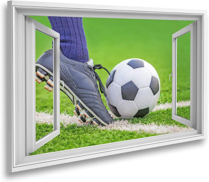 islandburner Bild auf Leinwand Fensterblick Einen Fussball mit den Füssen auf den Fussballplatz schi