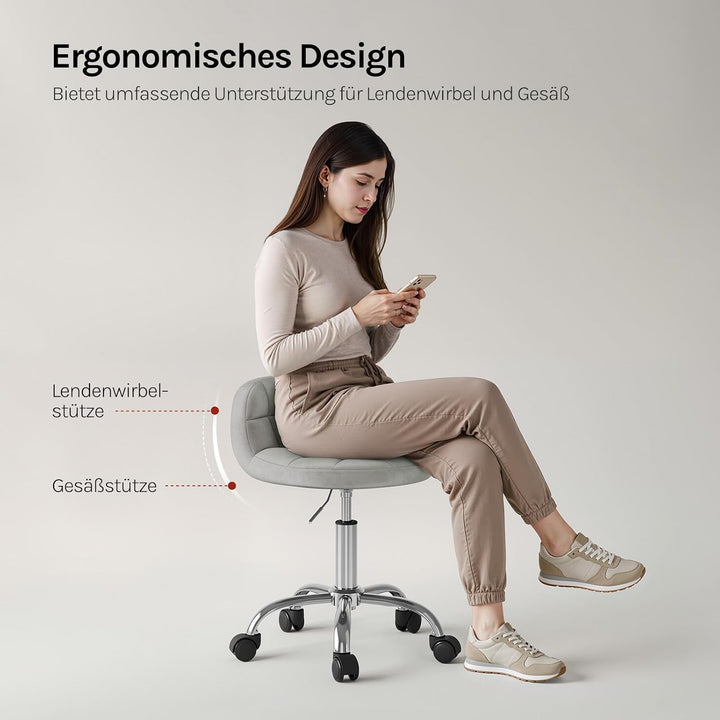 WOLTU Bürohocker mit Rollen, Schminktisch Stuhl, Samt, Hellgrau | Höhenverstellbar, Um 360 Grad dreh