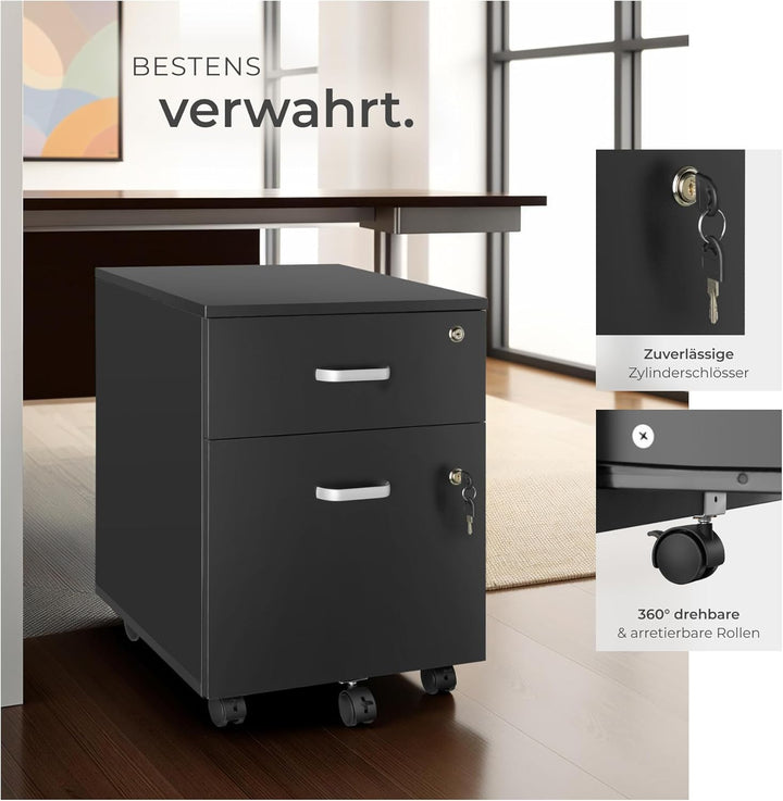 tectake® Rollcontainer mit Schubladen, Aktenschrank abschliessbar, Kommode mit Schubladen, Rollwagen