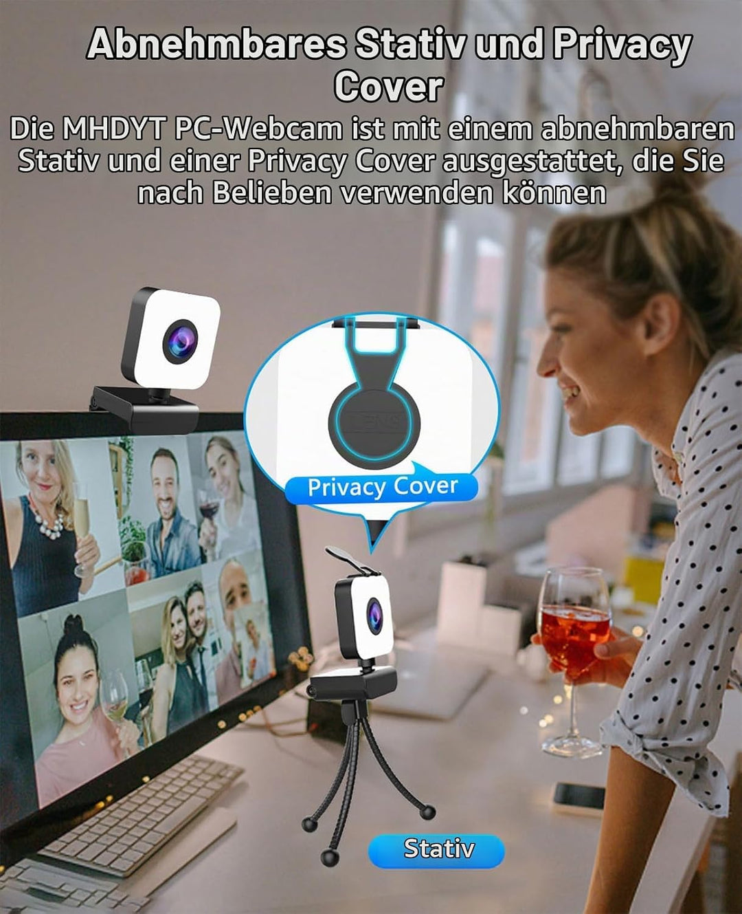 1080P Webcam mit Mikrofon,Full HD Web Camera für PC/Laptop,Facecam Streaming Cam mit Ringlicht,Abdec