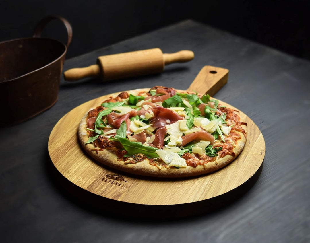 Premium Pizzabrett Eiche 40x30x2 cm - Ca. 30 cm Durchmesser Mit Griff, Antibakteriell & Sonnenblumen