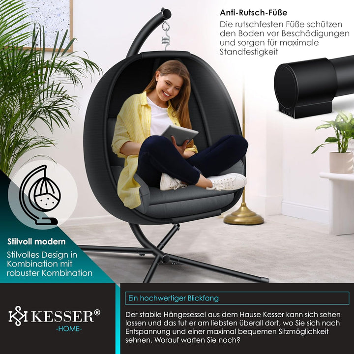 KESSER® Luxe Hängesessel mit Gestell + weiches Sitzkissen und Abdeckung, Seitenpolsterung, Rückenkis