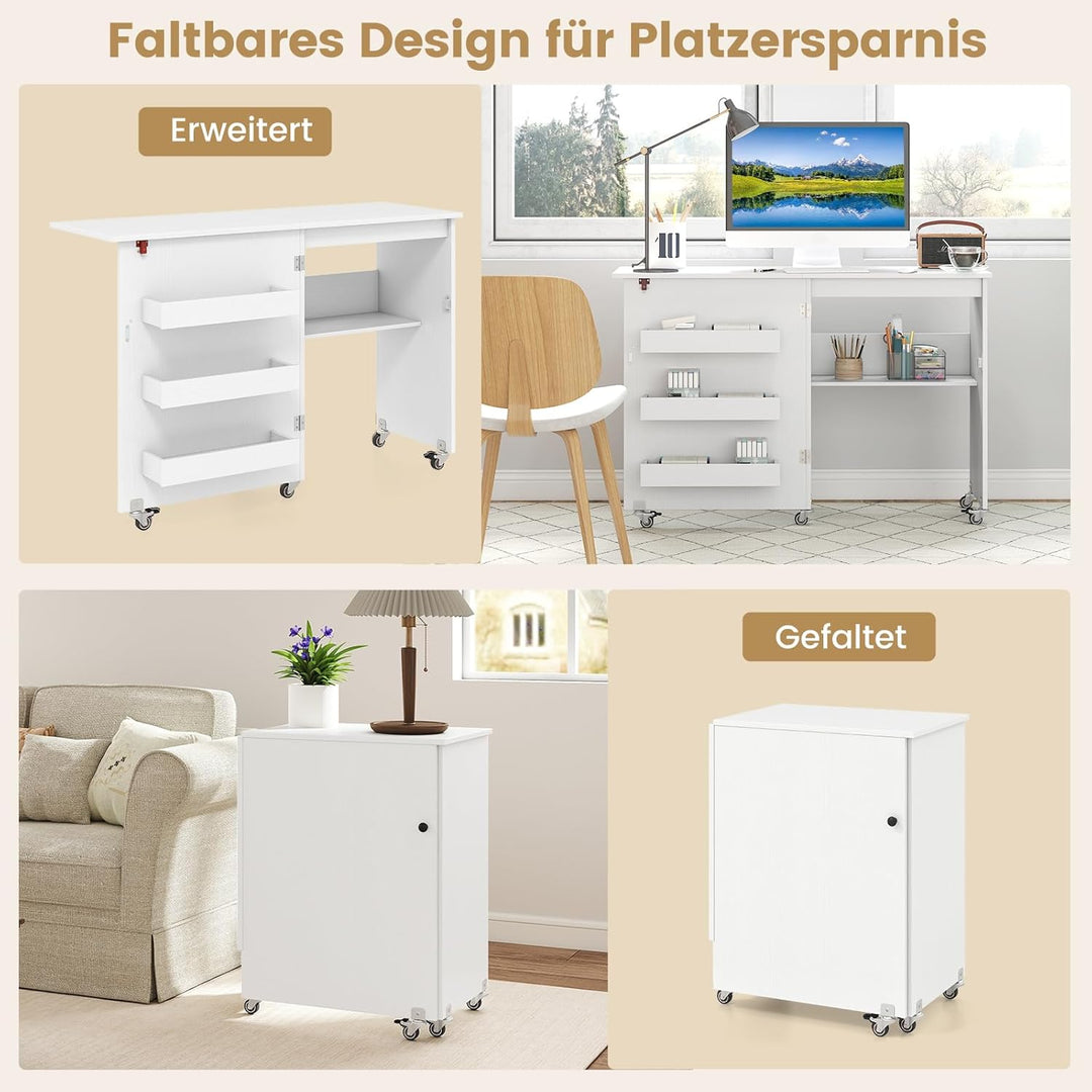 COSTWAY 2 in 1 Nähtisch klappbar, Nähmaschinenschrank aus Holz mit Regalen & Ablagefach, Nähschrank