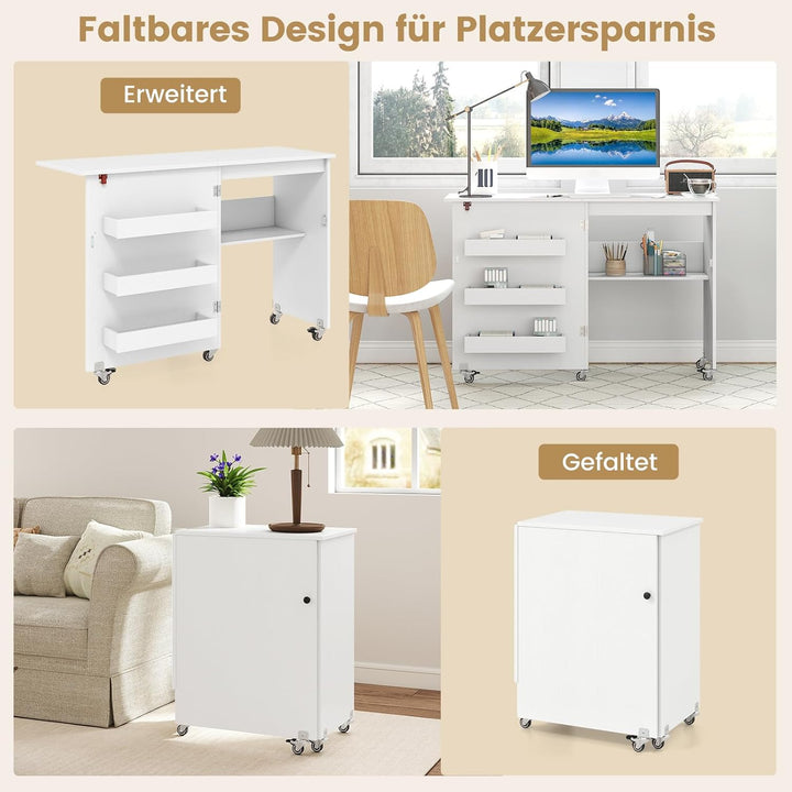 COSTWAY 2 in 1 Nähtisch klappbar, Nähmaschinenschrank aus Holz mit Regalen & Ablagefach, Nähschrank