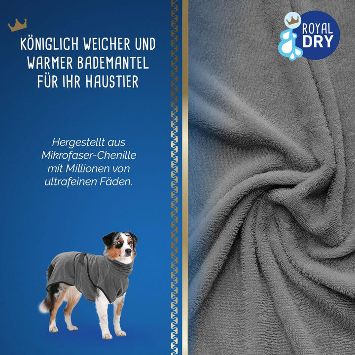 Royal Dry Bademantel Hund - Mikrofaser Hundebademantel - XL - Rückenlänge 70-80 cm - Grau, XL
