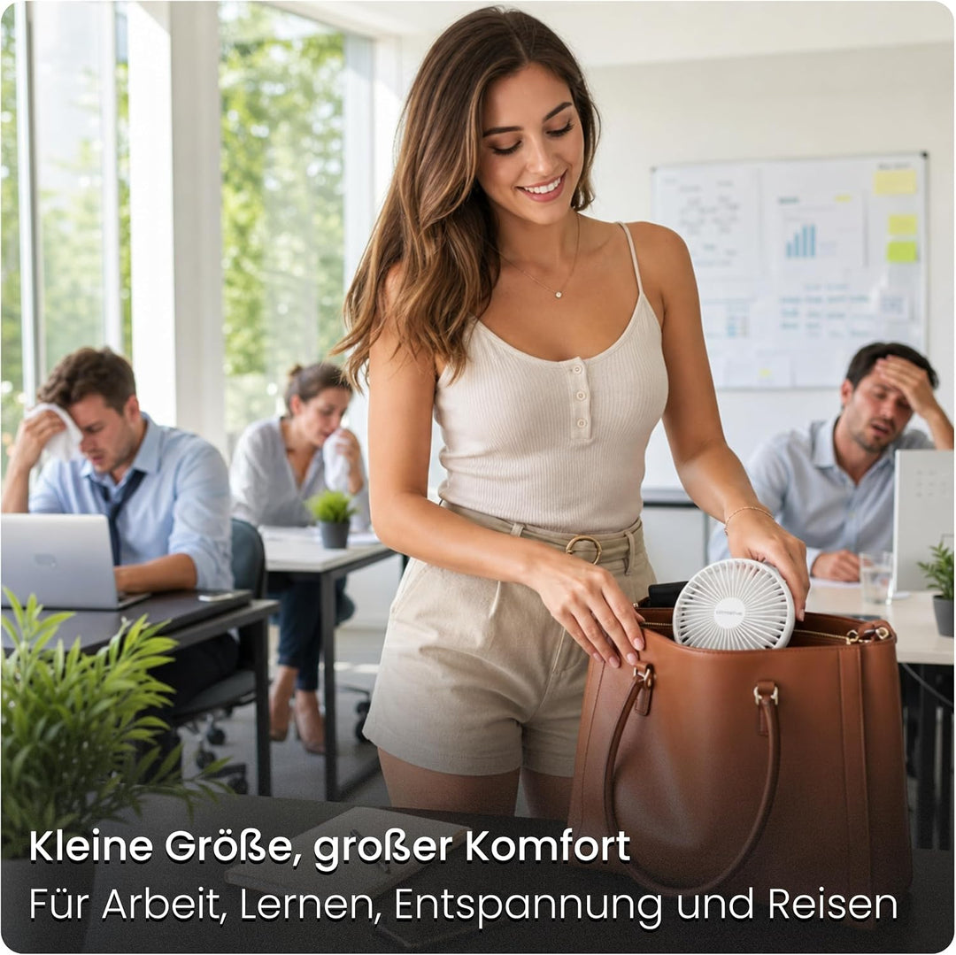 Tischventilator sehr leise - 7-Flügel USB Ventilator Akku 2000 mAh, Ø 14cm, 4 Modi, Naturwind, Bürst