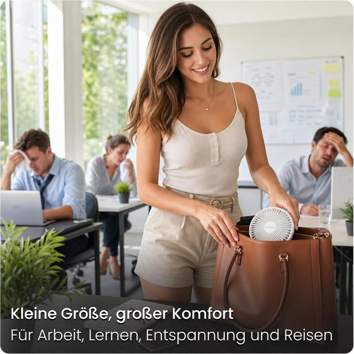 Tischventilator sehr leise - 7-Flügel USB Ventilator Akku 2000 mAh, Ø 14cm, 4 Modi, Naturwind, Bürst