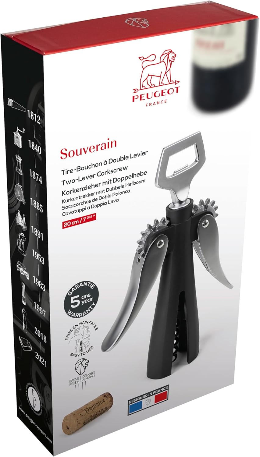 Peugeot Saveurs de Vins SOUVERAIN Korkenzieher 20 cm mit Kapselheber, Silikon, Zamac, 18 cm klassisc