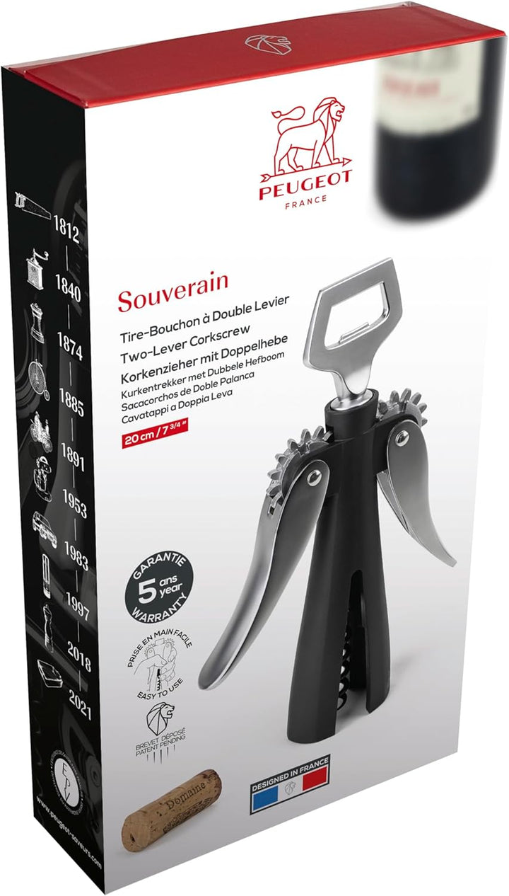 Peugeot Saveurs de Vins SOUVERAIN Korkenzieher 20 cm mit Kapselheber, Silikon, Zamac, 18 cm klassisc