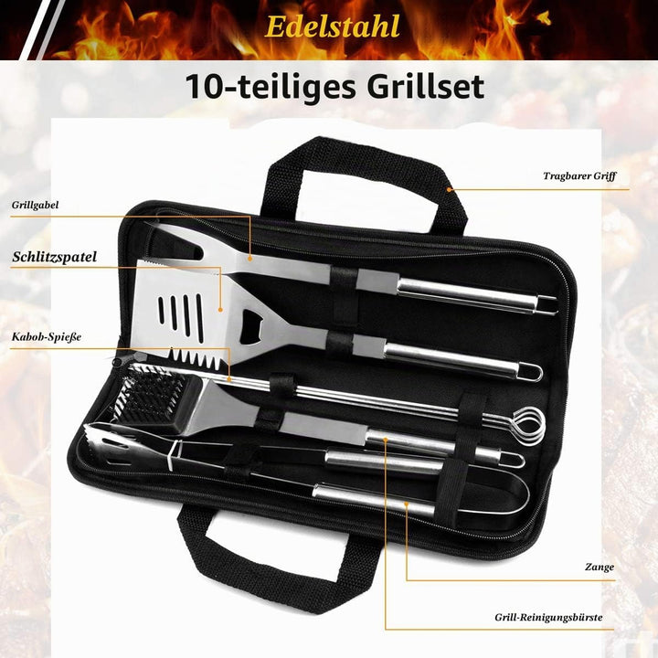 QH7 10PC Edelstahl Grillbesteck-Set,QH Professionelle Grill Bestecksets in Tragetasche BBQ Grillwerk