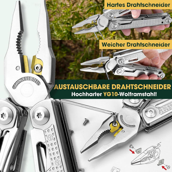 Multitool Werkzeug, Geschenke für Männer, Aufgerüstetes Multi Tool Edelstahl Faltbares mit Damastmes