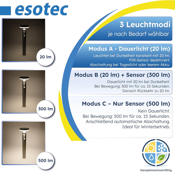 esotec Solar Gartenbeleuchtung Aussenlampe mit Bewegungsmelder Cortona, H=45cm, Edelstahl Solarleuch