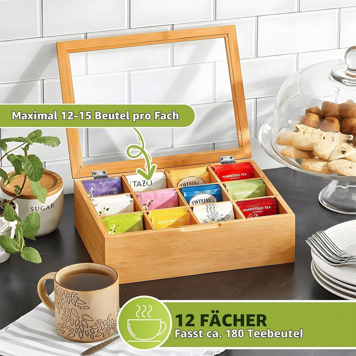 Teebox, Teebox aus Holz mit 12 Fächern und Sichtfenster, Teebeutel Aufbewahrungsbox, Teekiste Holz,
