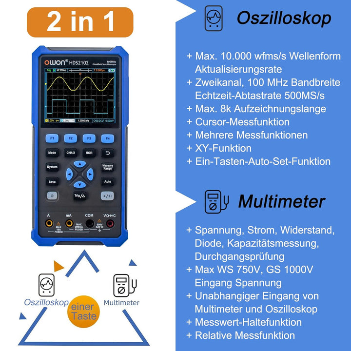 HDS2102 OWON Oscilloscope 100MHz Bandwidth Dual Channel 2 in 1 Scope with Auto-Calibration Function