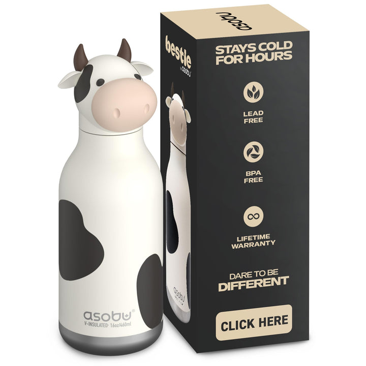 Asobu Bestie Kindertrinkflasche mit Strohhalm – Isolierte Edelstahlflasche 420ml mit Kuhkopf – Ausla