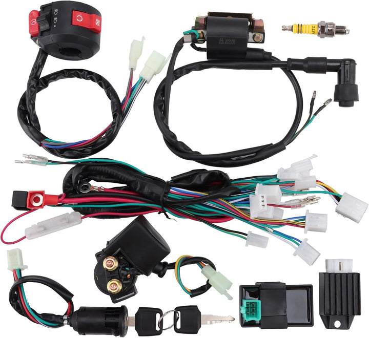 GOOFIT 50cc 125cc Volle Elektrik Kabelbaum Spule Gleichrichter CDI Ersatz für ATV Solenoid Zündkerze
