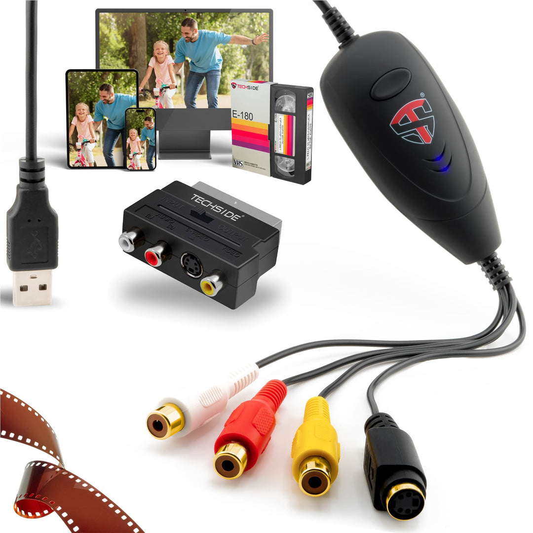 TechSide VHS Analog-Digital-Konverter + Scart-Adapter | Neue Version 2024 | Windows 11 + Neue Softwa