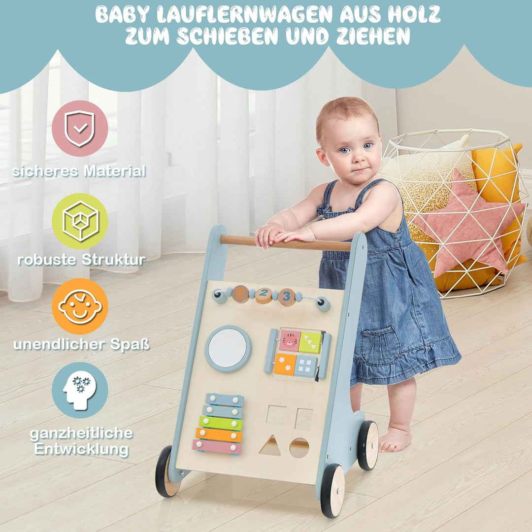 DREAMADE 2 in 1 Lauflernwagen, Lauflernhilfe mit Spielbrett, Spiegel, Flip-Block, Xylophon & Spielze