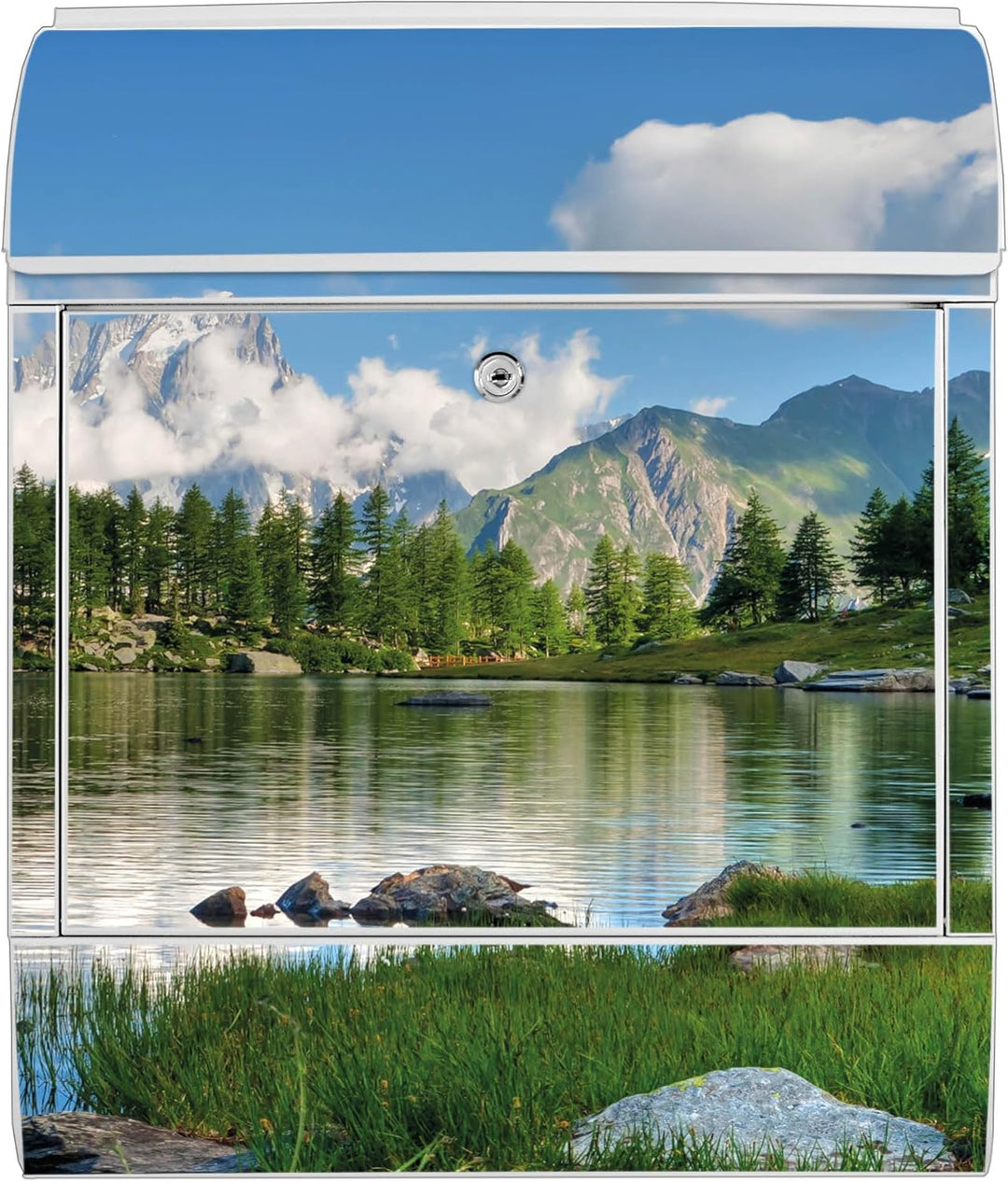 banjado® Design Briefkasten mit Motiv Gebirgssee 39x47x14cm &amp; 2 Schlüssel - Briefkasten Stahl weiss