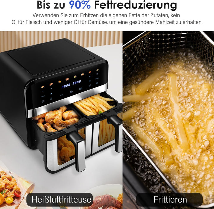 Dual Zone Heissluftfritteuse, XXL 9L Rapid AirFryer, 2 Fächer, 8 Programme, 80°C- 200°C, 2400W, Heis