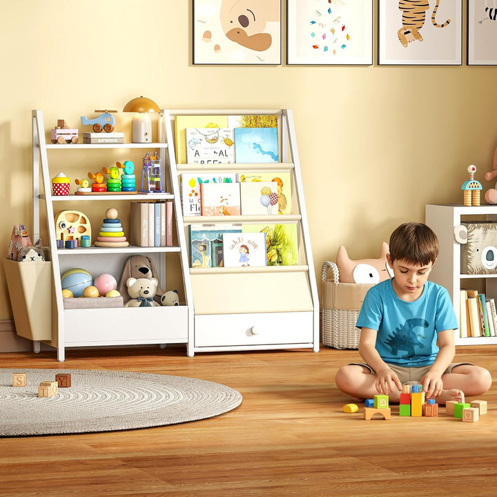 Quikraen Bücherregal Kinder, Kinderregal mit 4 Ablage und 3 Offenen Fächern, Montessori Bücherregal,