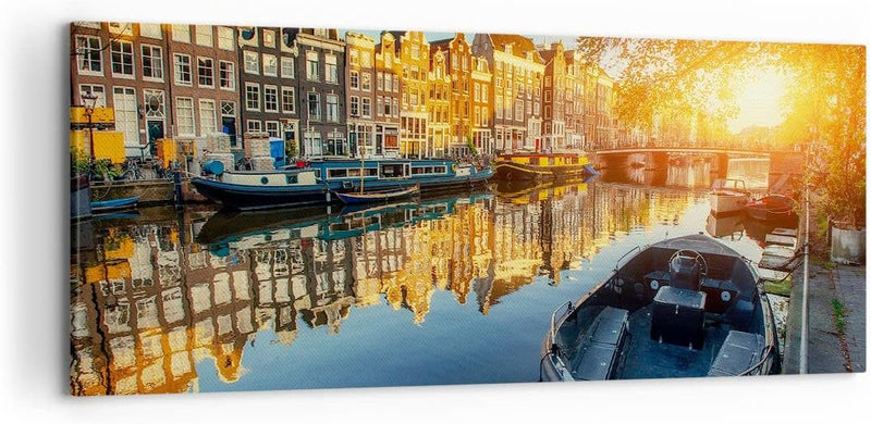 Wandbilder Dekoration Wohnzimmer Kanal Boot Amsterdam Wasser Panorama Bilder auf Leinwand 120x50cm L