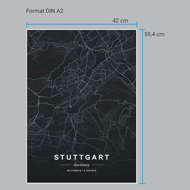 wandmotiv24 Poster als Wanddeko, Grösse Din A2, Strassen Karte Stuttgart, Deutschland, Schwarz, Mode