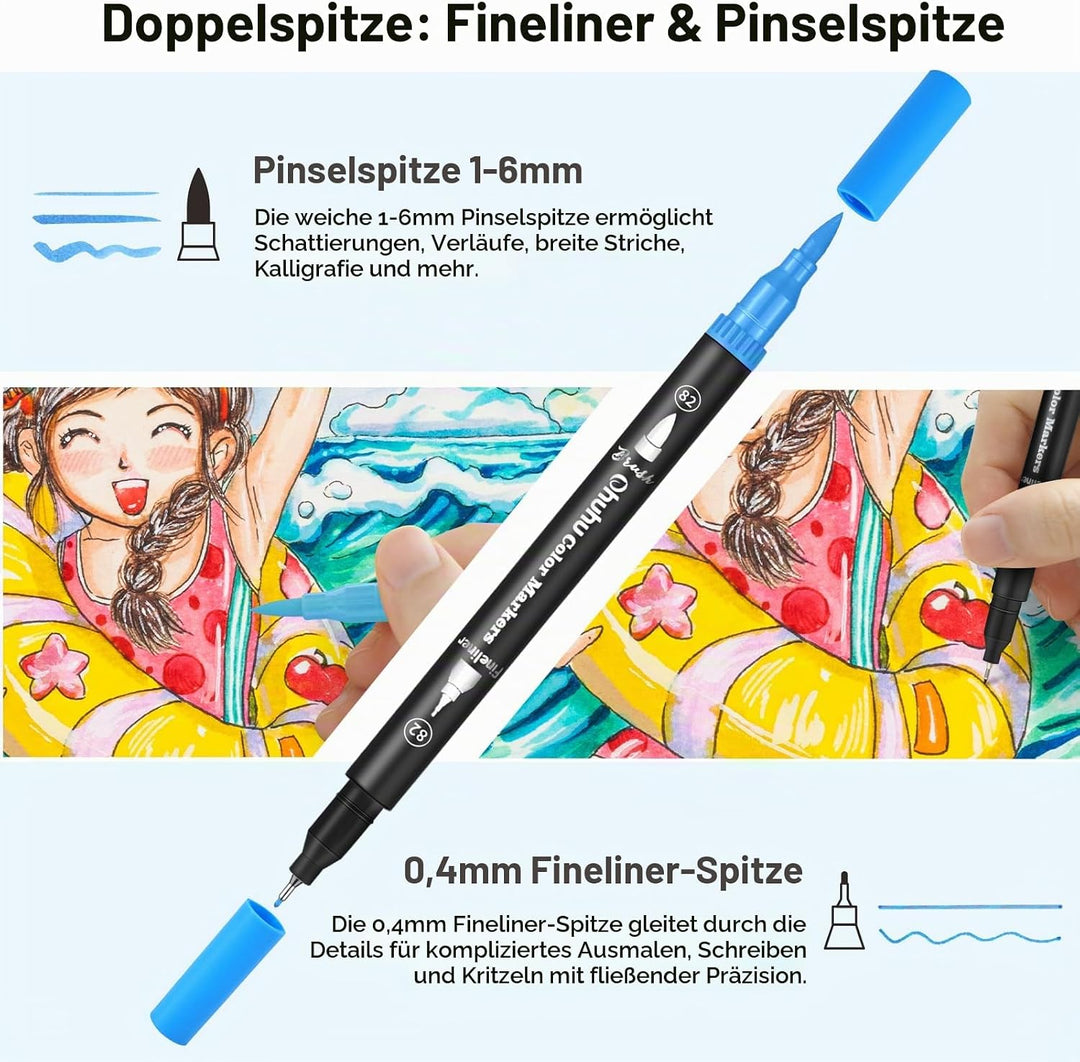 Ohuhu Filzstifte 100 Farben, Dual Brush Pen Pinselstifte Aquarell Marker Stifte Set für Kind und Erw