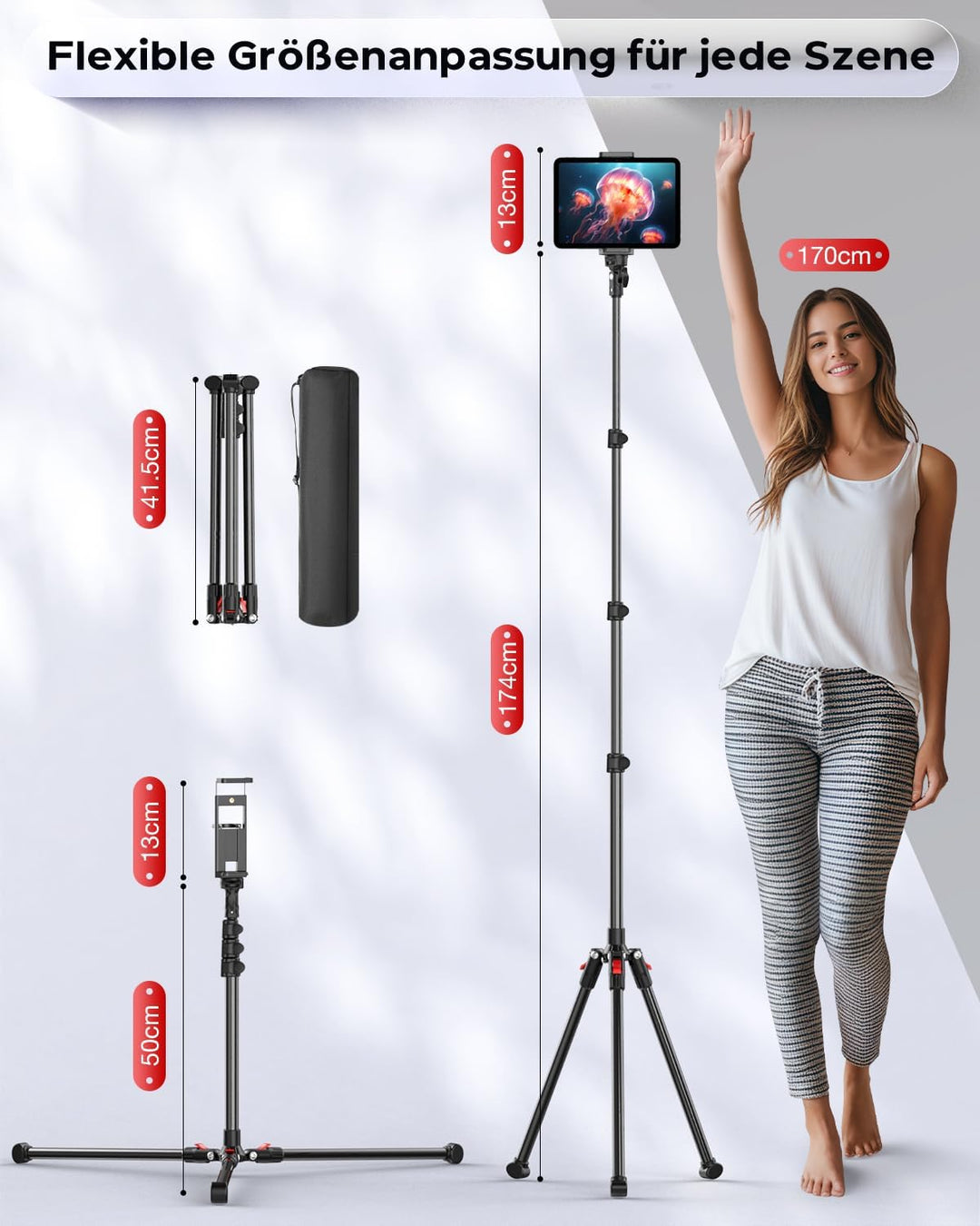 CAMBOFOTO Tablet stativ ständer,Höhenverstellbar bis 187cm Halter Stativ kompatibel mit iPhone/iPad/