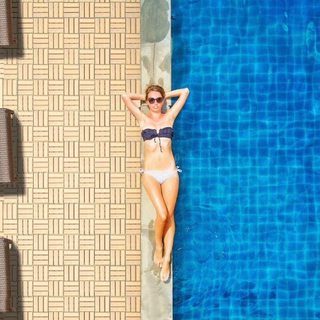 GOPLUS 10er Set Terrassenfliesen aus Akazienhartholz, Bodenbelag mit Stecksystem und Drainage Unterk