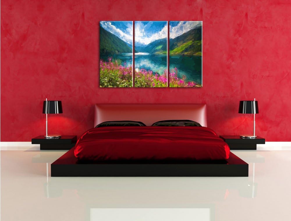 Pixxprint Blumenwiese am Bergsee Pinsel Effekt 3-Teiler Leinwandbild 120x80 Bild auf Leinwand
