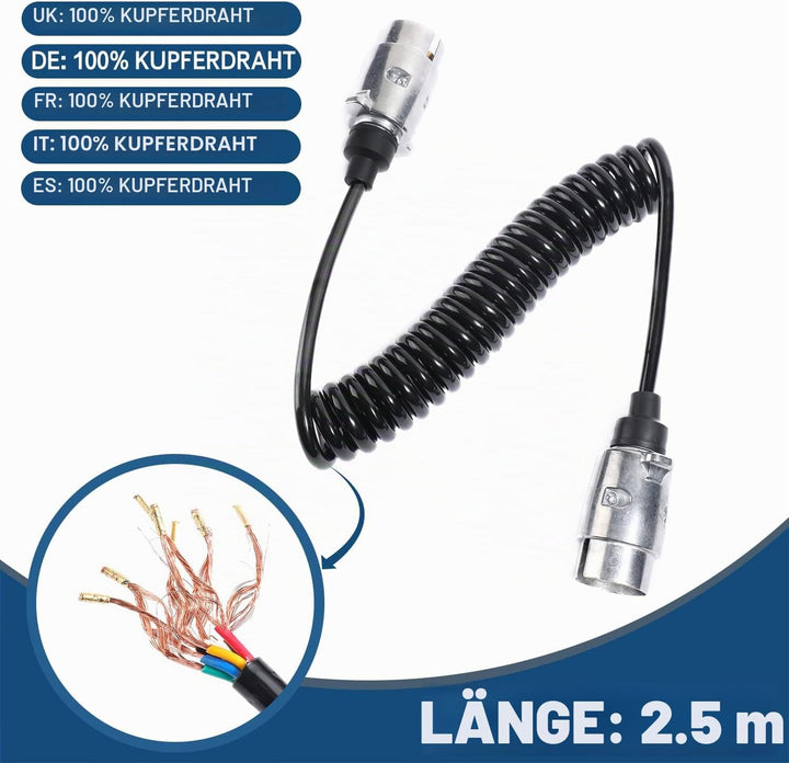 Anhänger Spiralkabel 7 Polig 2,5 Meter, 12V Anhänger Aluminiumlegierung Stecker Verlängerungskabel 7
