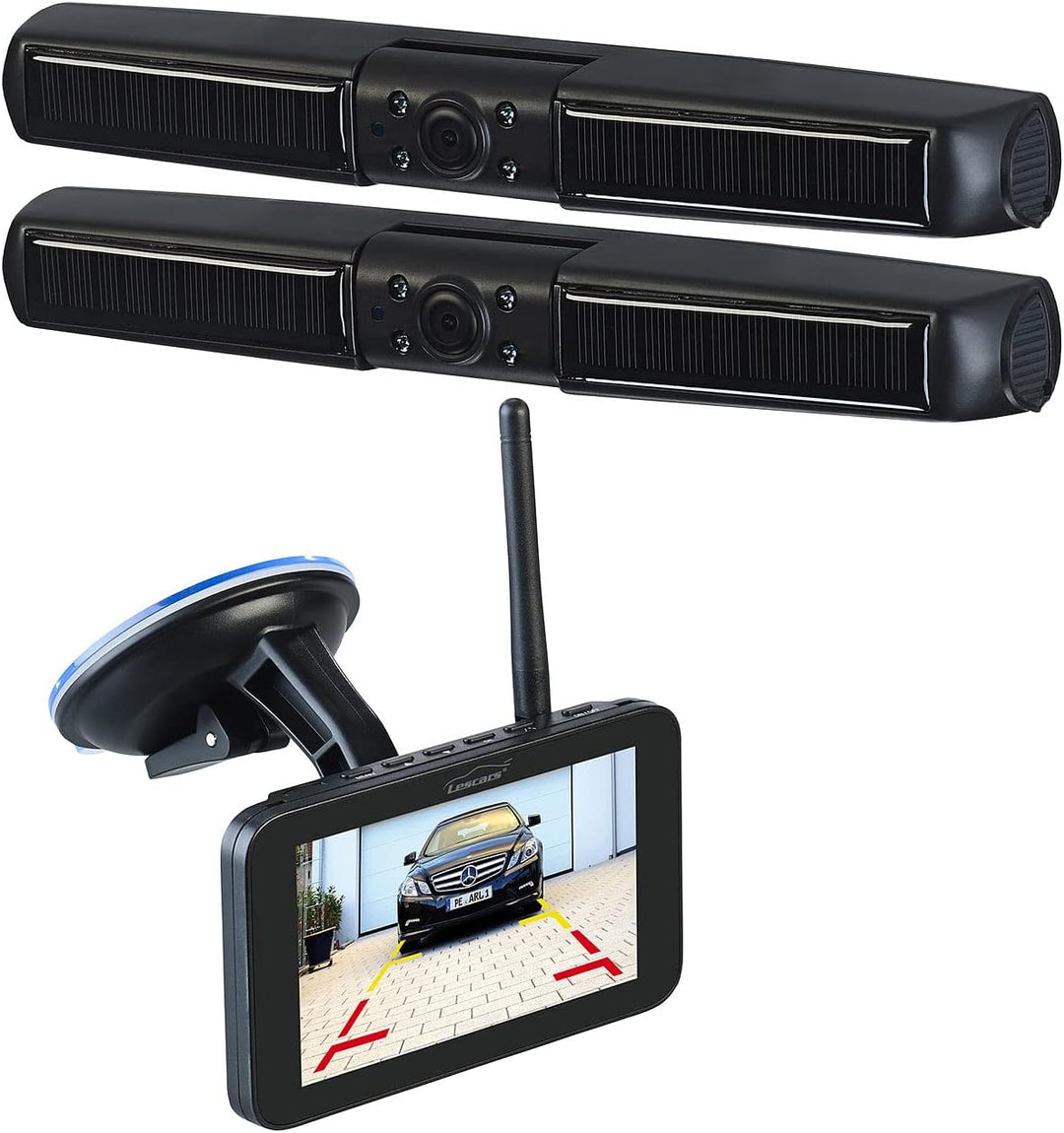 Lescars Auto Kamera: Solar-Funk-Front- und Rückfahrkamera mit Full HD und 5" Monitor (Funk Rückfahrk