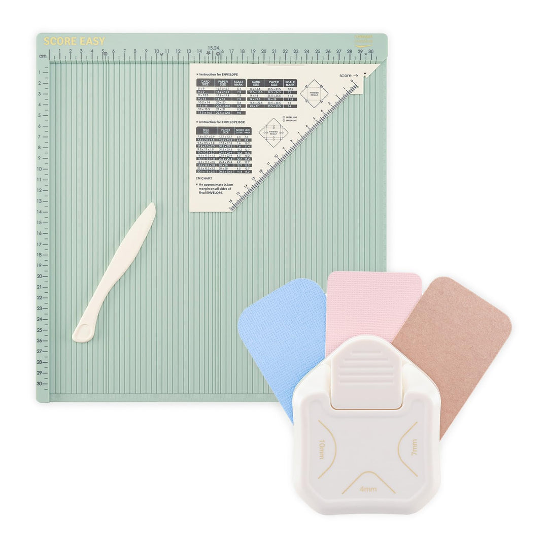 Vaessen Creative Bastelset - Falzbrett Score Easy 30,5 x 30,5 cm und 3-in-1 Eckenstanzer 4, 7, 10 mm
