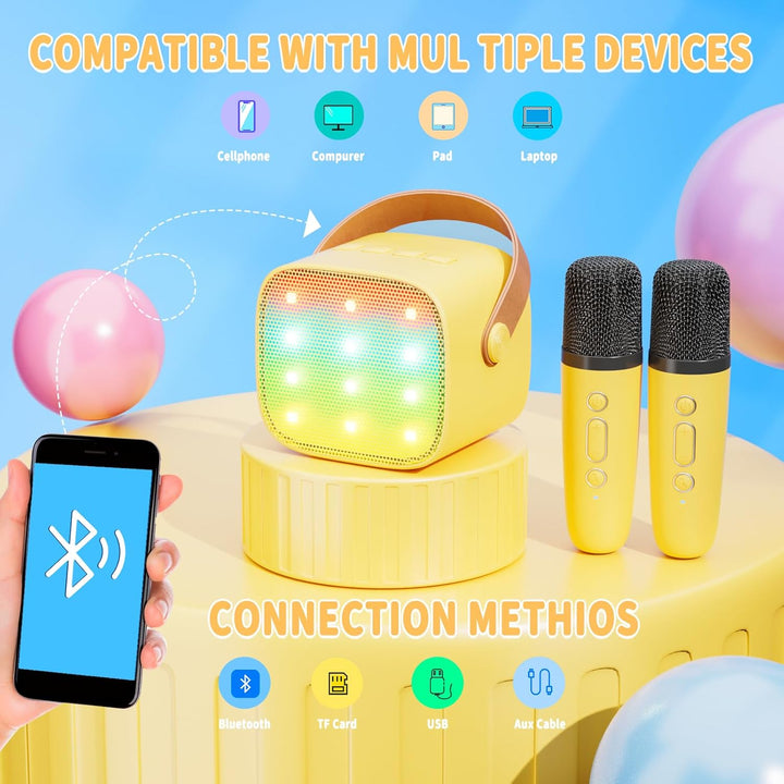 Karaoke Maschine Kinder Mini Karaoke Maschine mit 2 Mikrofonen Bluetooth-Lautsprecher mit LED-Lichte