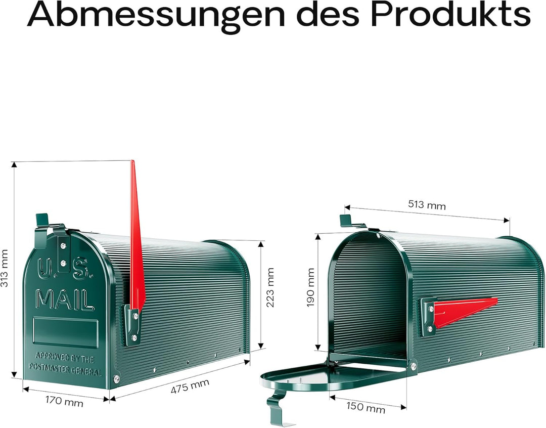 Wiltec US Mailbox grün 150 x 513 x 223 mm, amerikanischer Briefkasten mit Fahne, Wandbriefkasten ode