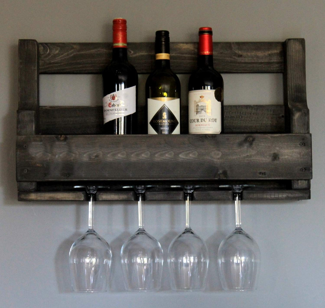 Dekorie Weinregal aus Holz für die Wand - mit Gläserhalter - Schwarz - fertig montiert - Regal für W