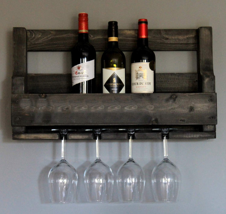 Dekorie Weinregal aus Holz für die Wand - mit Gläserhalter - Schwarz - fertig montiert - Regal für W