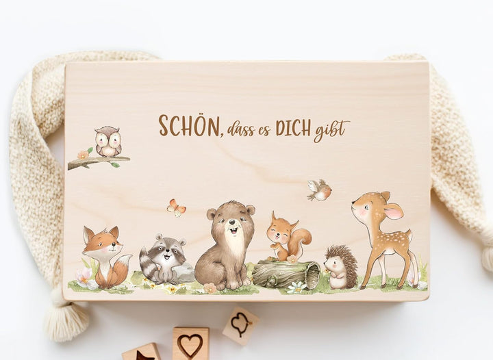 Little Deco Erinnerungsbox Baby Holzkiste mit Waldtiere | M - 30 x 20 x 13 cm Geburt & Taufe für Mäd
