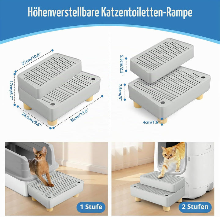 Verstellbare 2-stufige Katzentoilettenrampe, Katzen Treppen &amp; Stufen mit Holzfüsse Filterfunktion, l