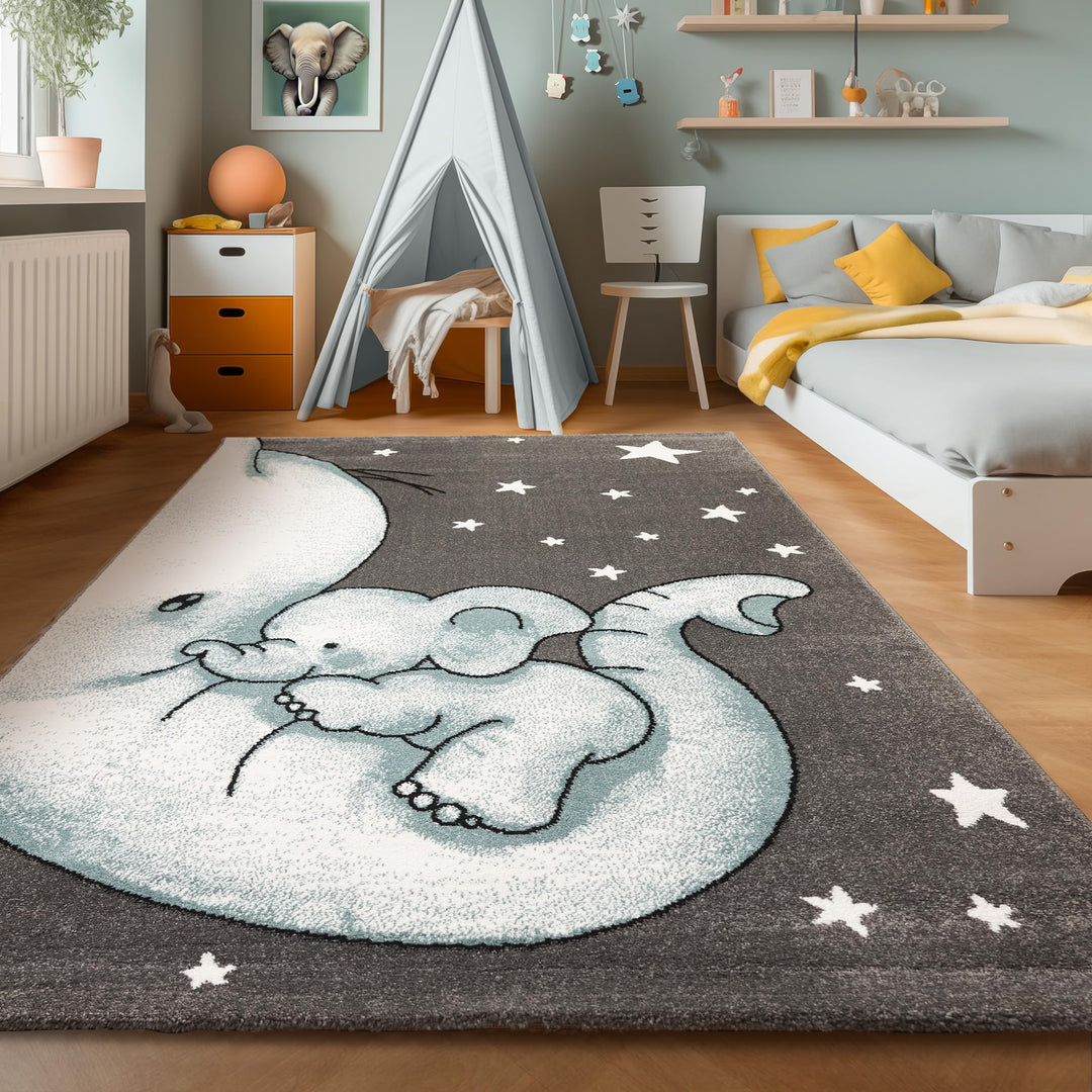 SIMPEX Teppich Kinderzimmer Elefant Design Kurzflor Kinderteppich mädchen Spielteppich Modern Design
