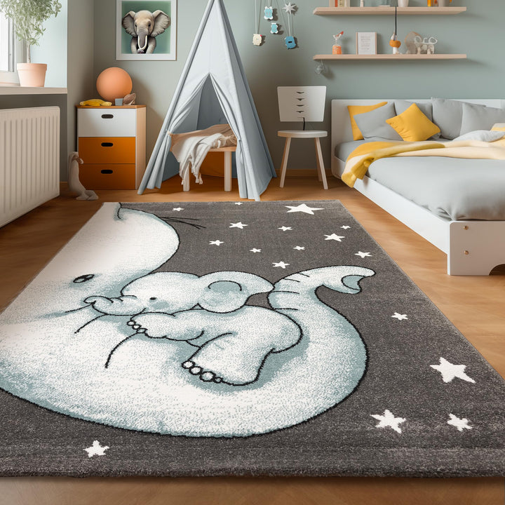 SIMPEX Teppich Kinderzimmer Elefant Design Kurzflor Kinderteppich mädchen Spielteppich Modern Design