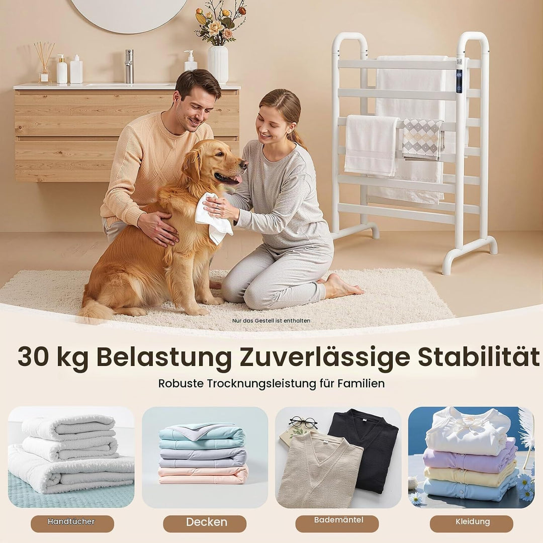 Handtuchheizkörper Elektrisch Handtuchhalter ohne Bohren 1-24h Timer, 45-60°C 180W Weiss Doppelstöck
