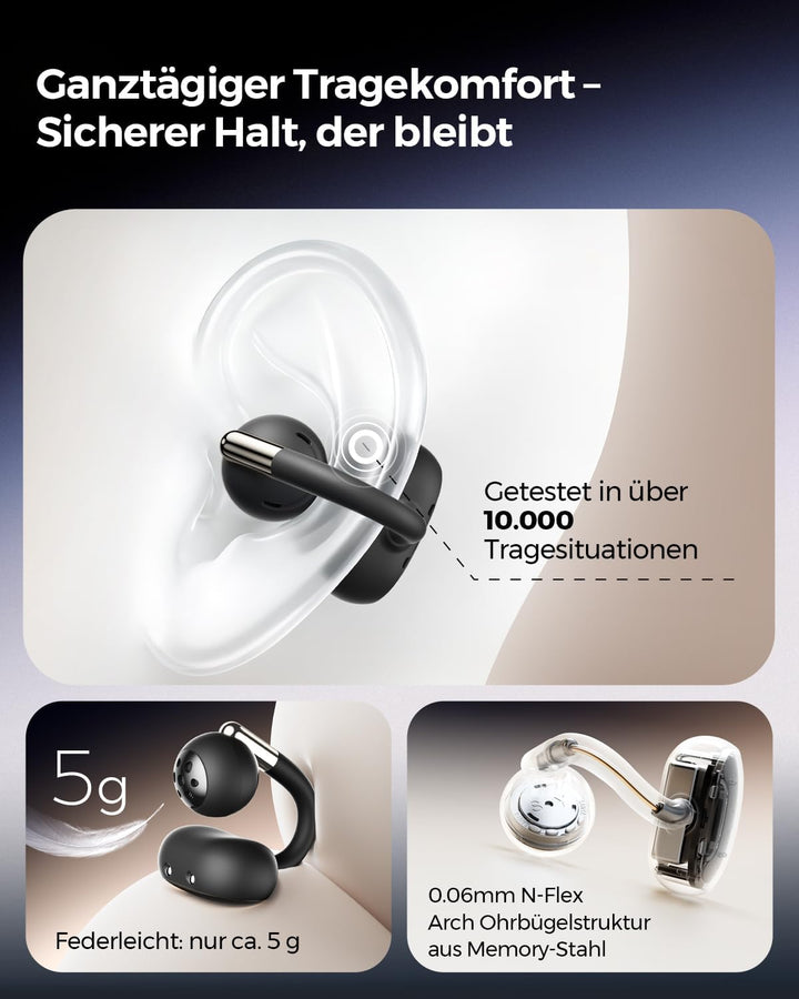 SoundPEATS Clip1 Open Ear Kopfhörer, Hi-Res LDAC Clip On Kopfhörer, 40 Std. Akku Schnellladung, Dolb