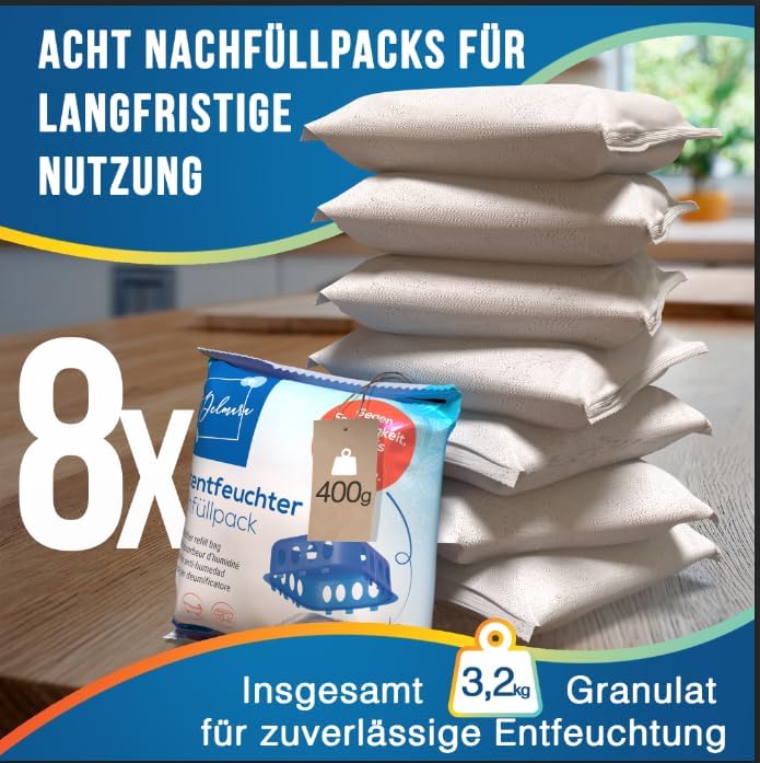 Delmara Luftentfeuchter Nachfüllpack 8x 400g Granulatbeutel – für wiederverwendbare Raumentfeuchter