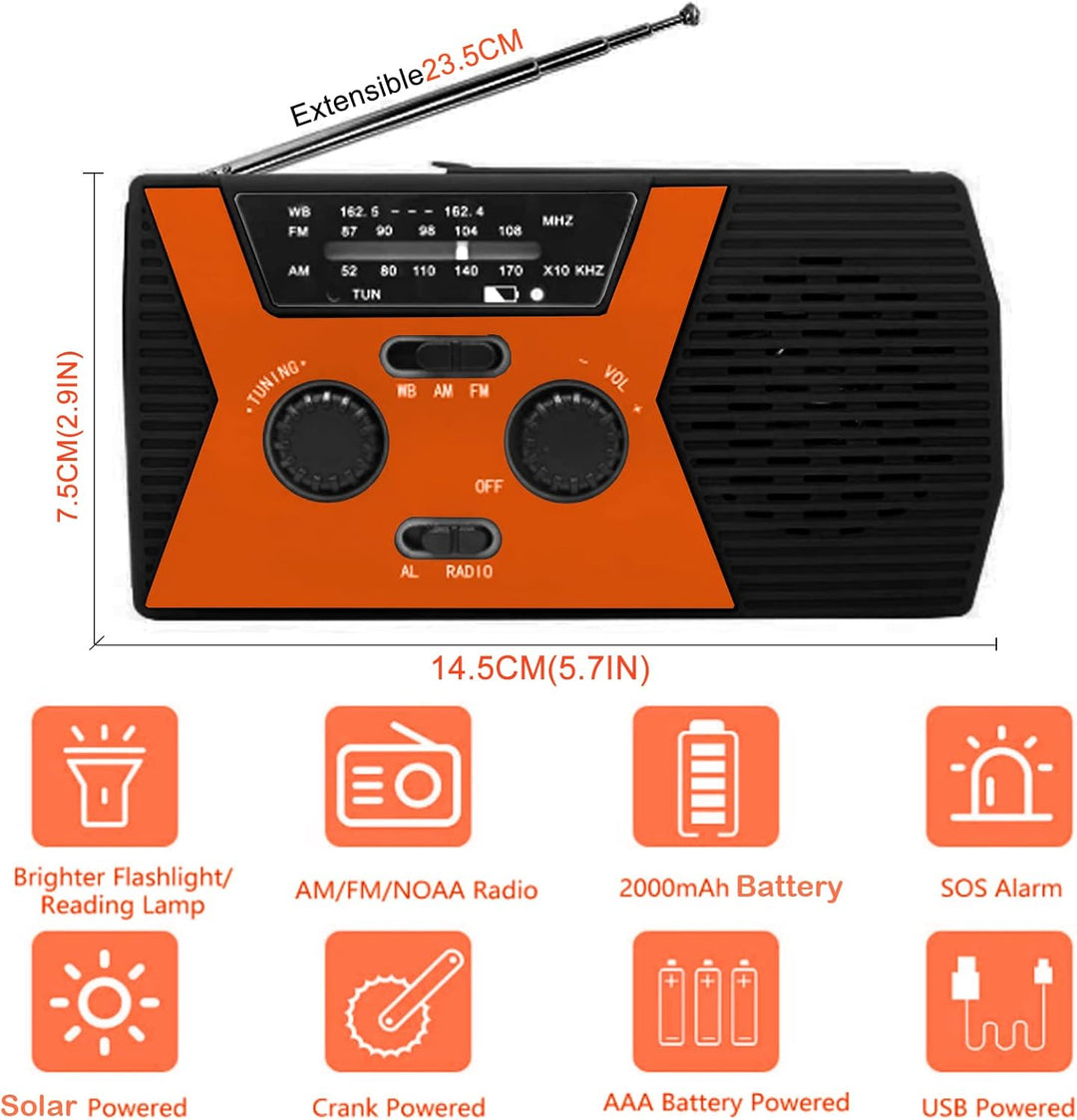 Multifunktionales Solar Radio Handkurbel, Wiederaufladbar 2000 mAh AM FM NOAA Notfallradio Kurbelrad