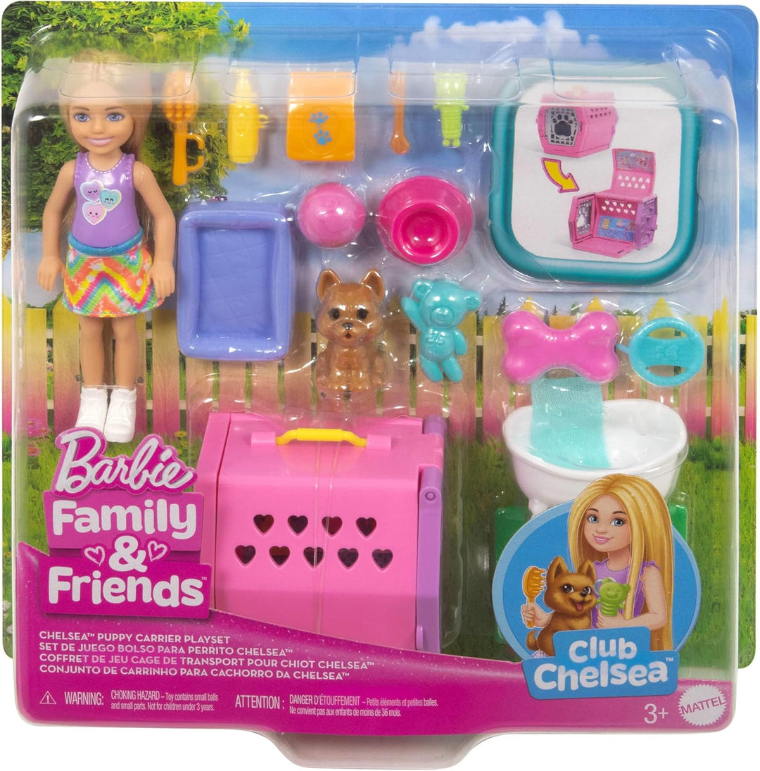 Barbie Chelsea Welpentrage-Spielset, kleine Blonde Puppe und Zubehör, Transportbox, mit Spielzeug fü