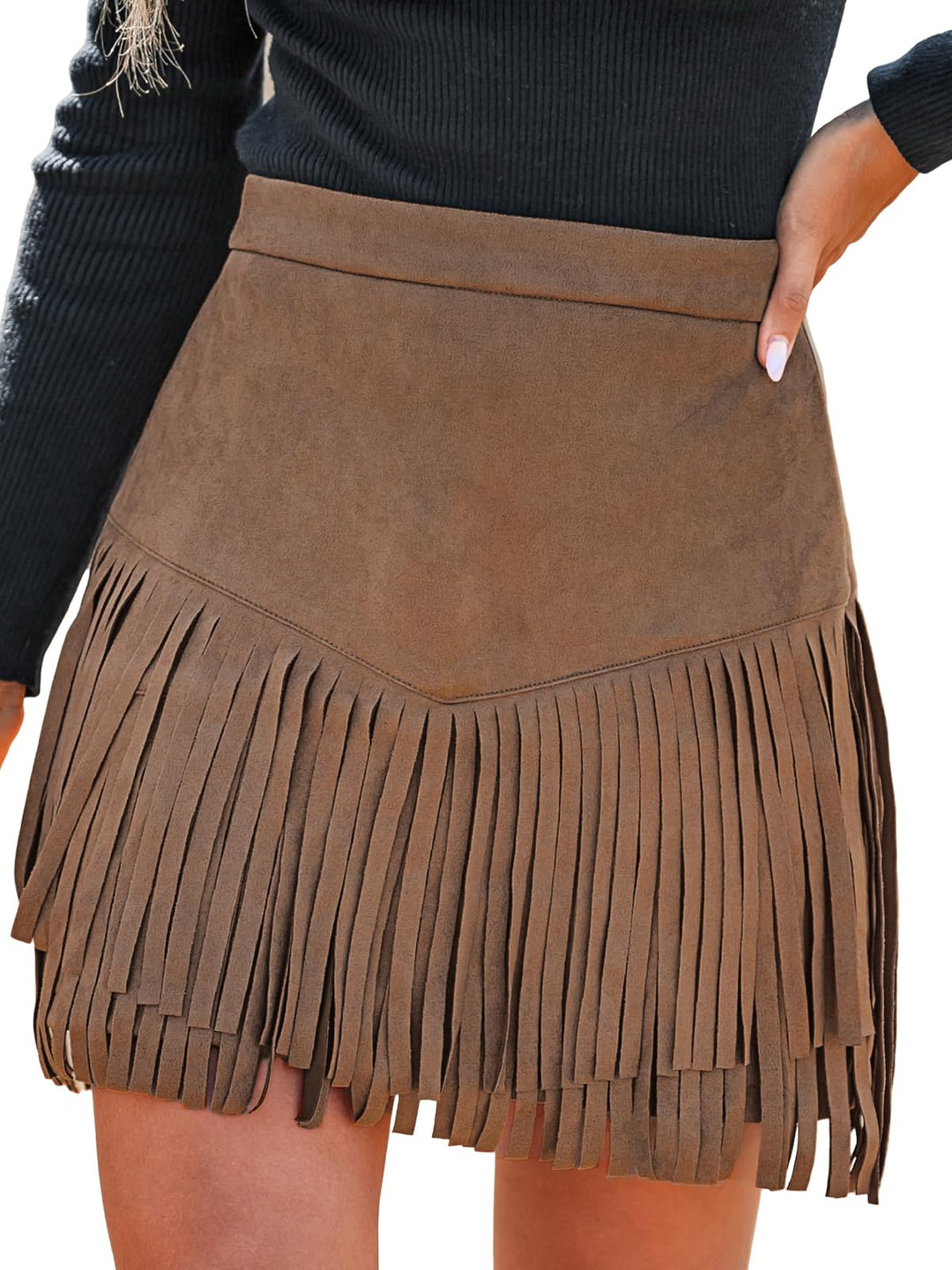 CUPSHE Damen Rock Herbst Winter Fransen Wildleder Rock, High Waist Western Outfit Minirock Mini Skir