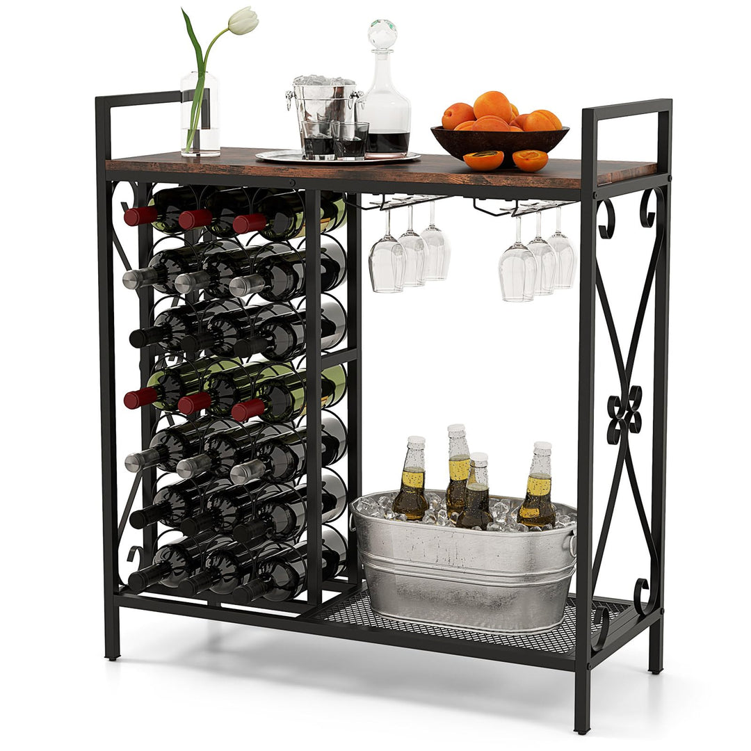 GOPLUS Weinregal für 21 Flaschen, Flaschenregal mit Weinglashalter für 6 Gläser &amp; Gitterregal, freis